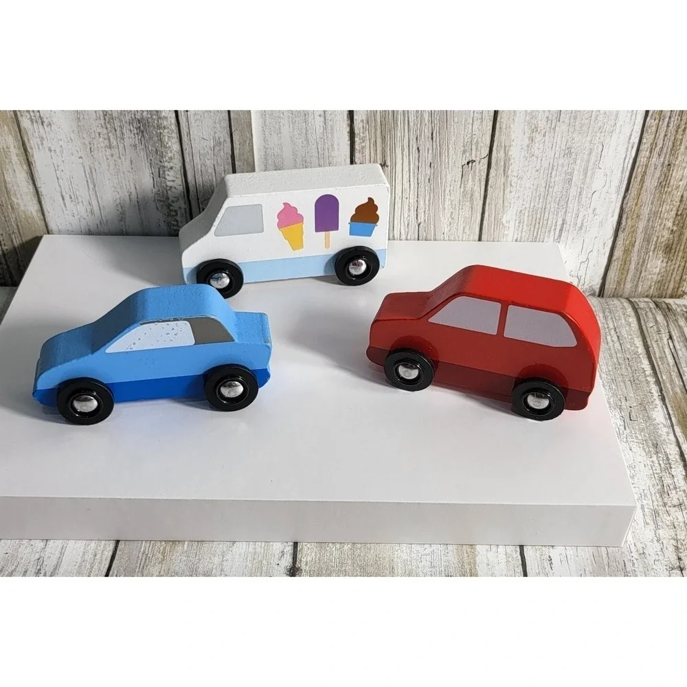 Melissa & Doug Wooden Cars Vehicle Set Ice Cream Truck Red Blue‎ Toy